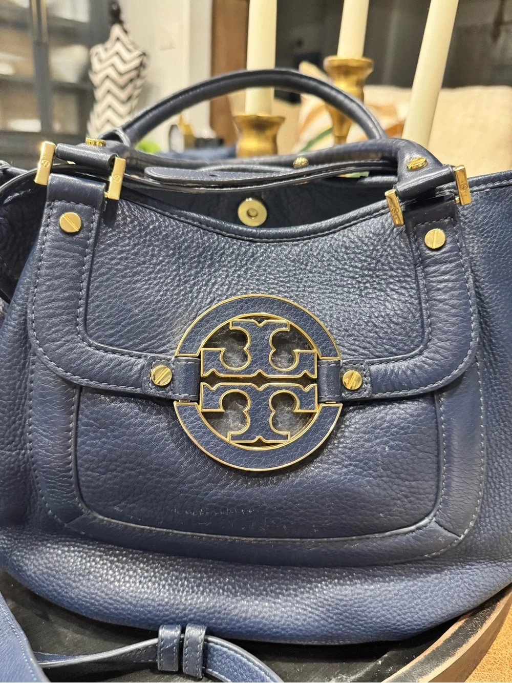 Tory Burch Navy Leather Fleming Satchel
